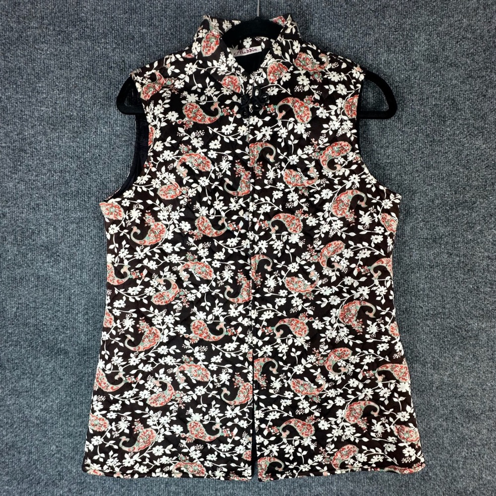 Aladdin Womens Vest Black Paisley Tapestry‎ Mandarin Collar Sleeveless Quilted